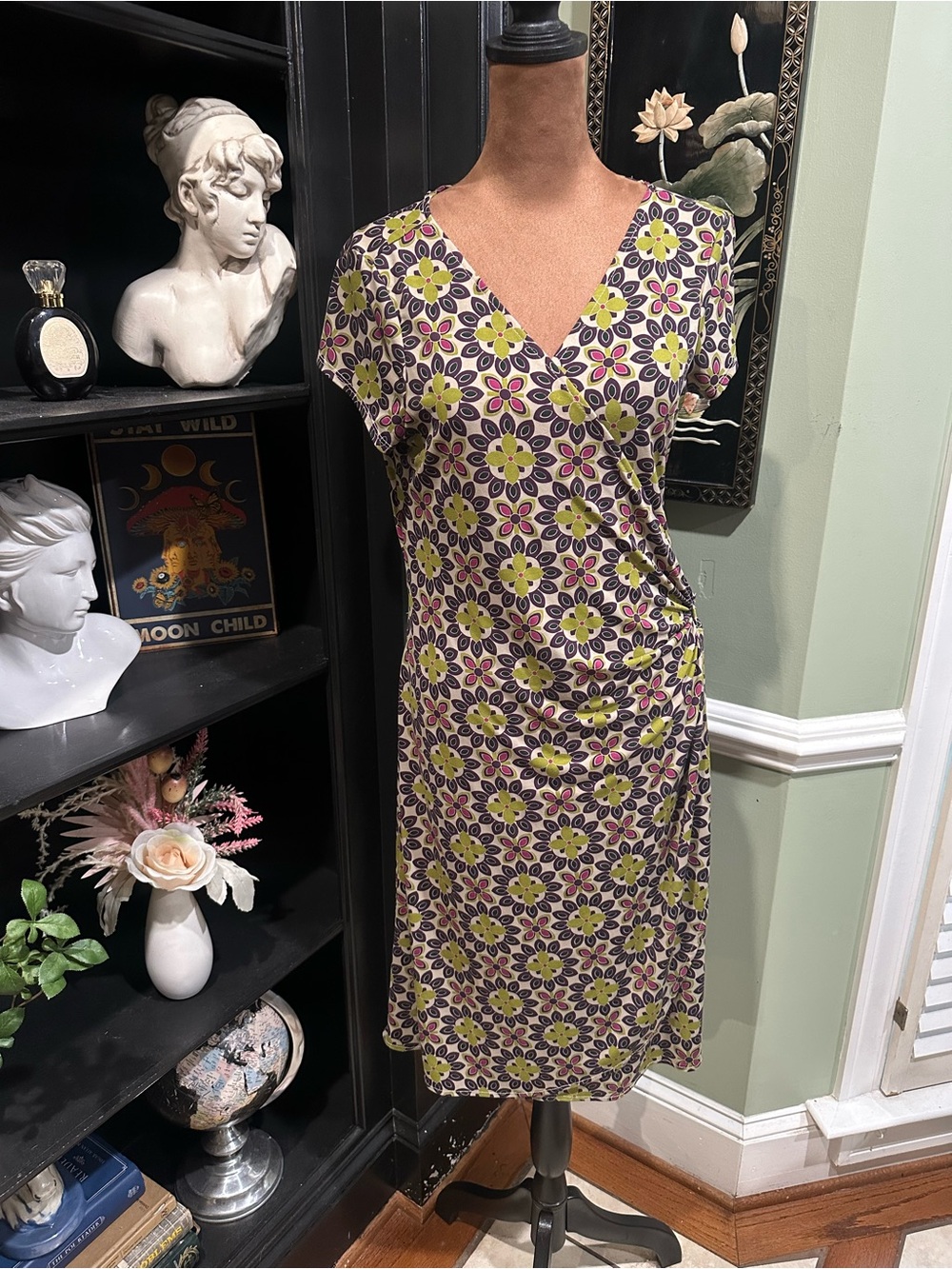Cato Retro Floral Stretch Wrap Dress – Chartreuse, Purple & Fuchsia